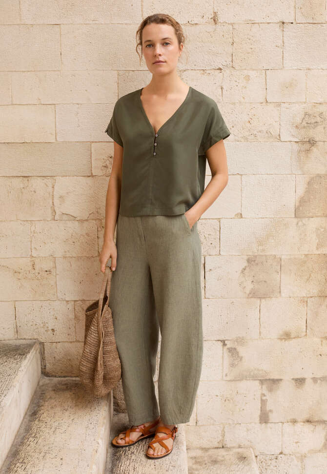 Striped dart-hem trousers, Khaki, completeTheLook