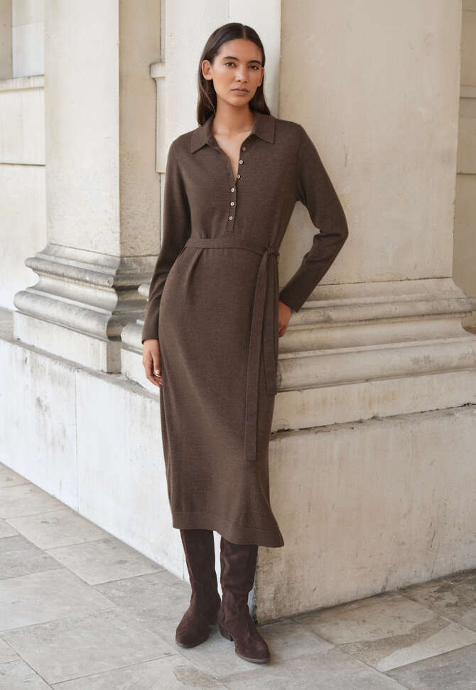 Knitted tie-waist dress, Chocolate, completeTheLook