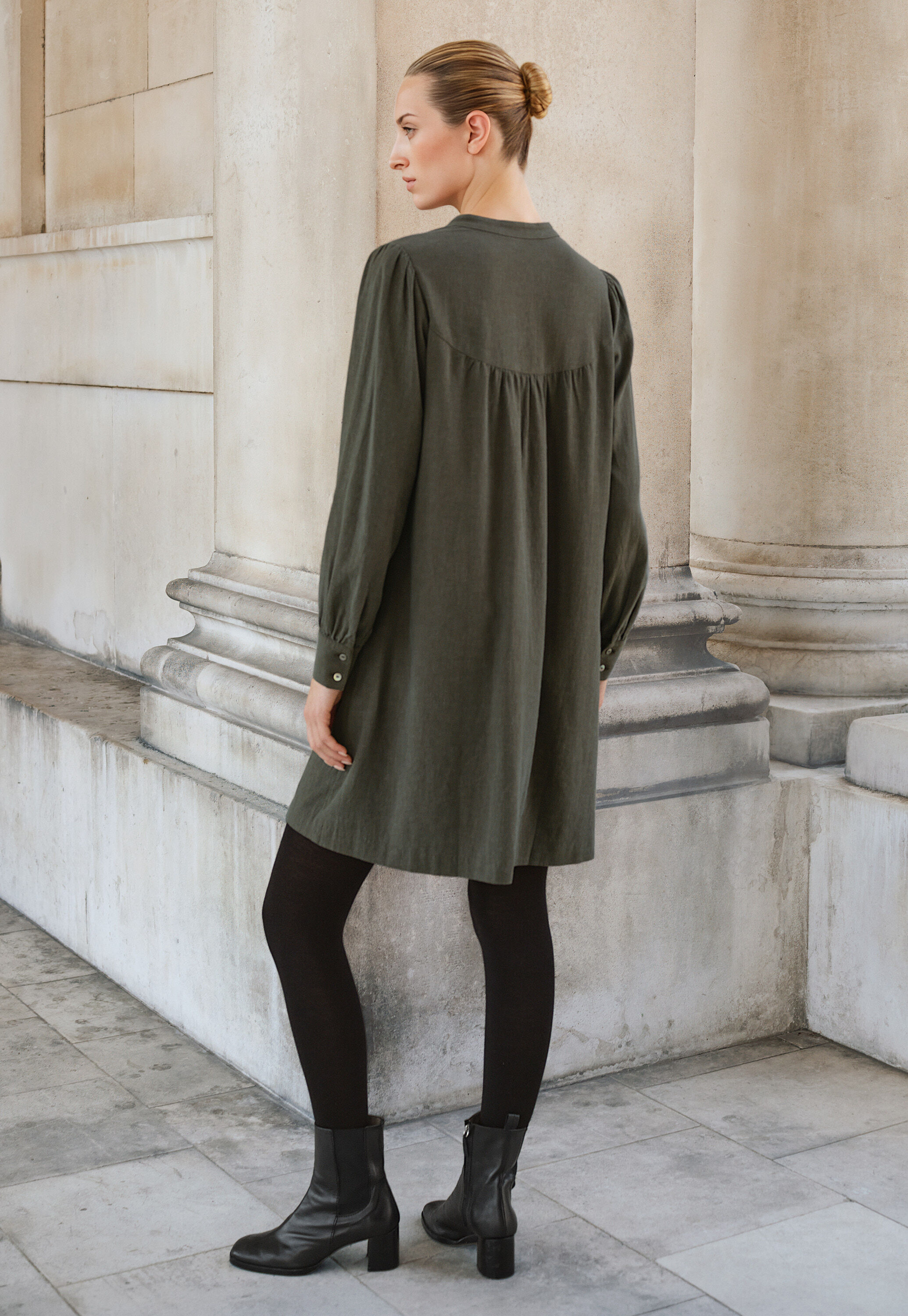 Pleat-front dress, Dark khaki, large