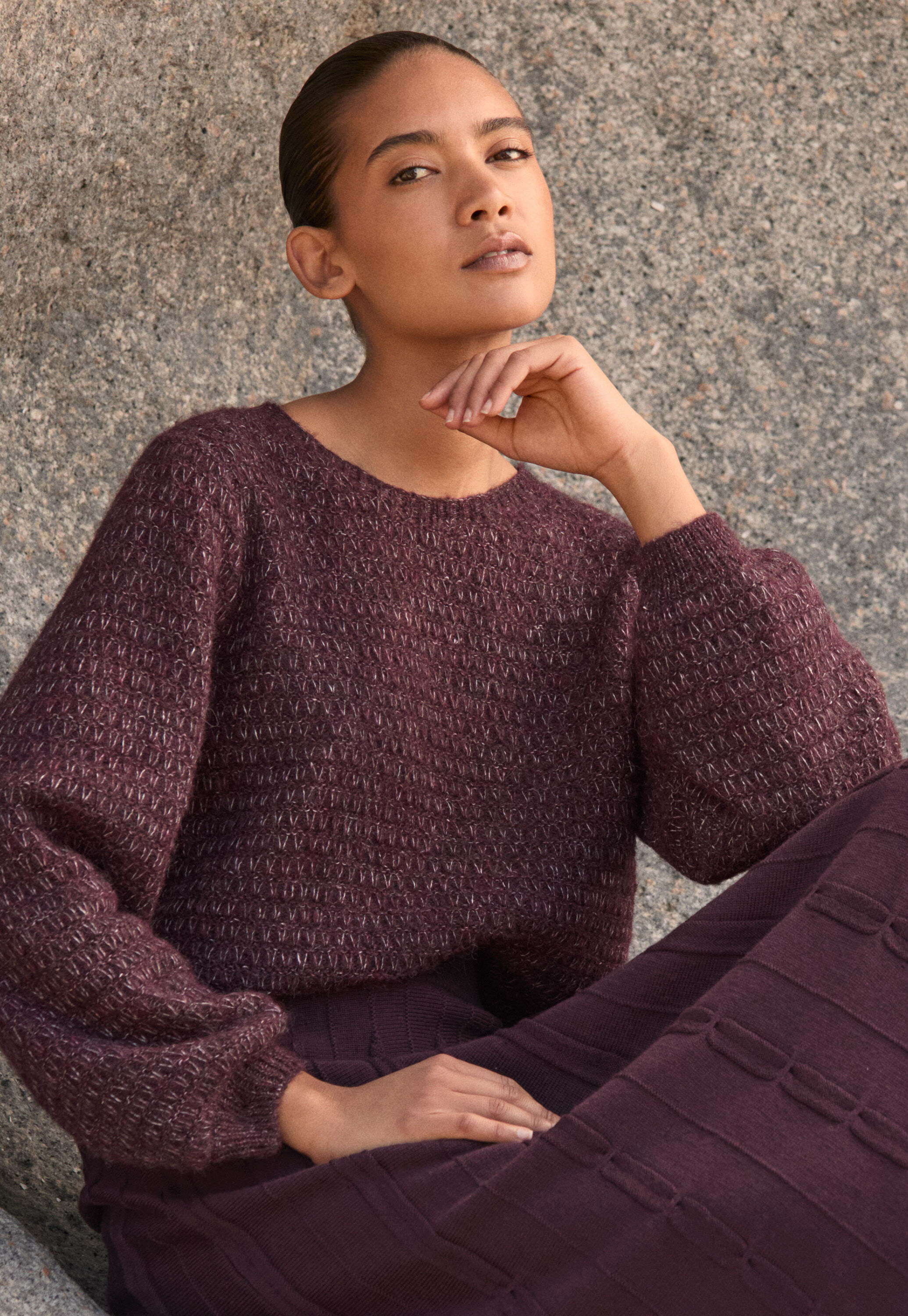 Tuck-stitch sweater, Dark plum, large