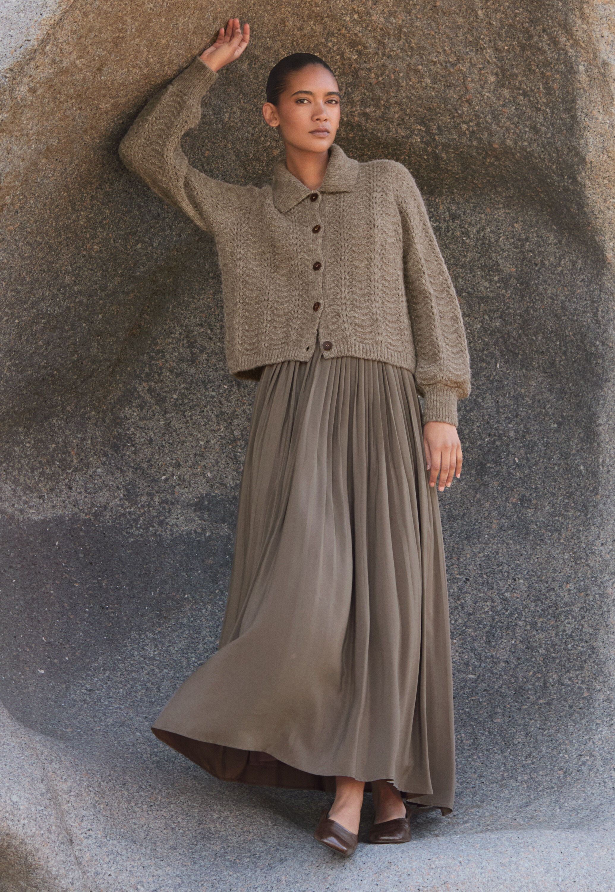 Pointelle cardigan, Brown taupe, large