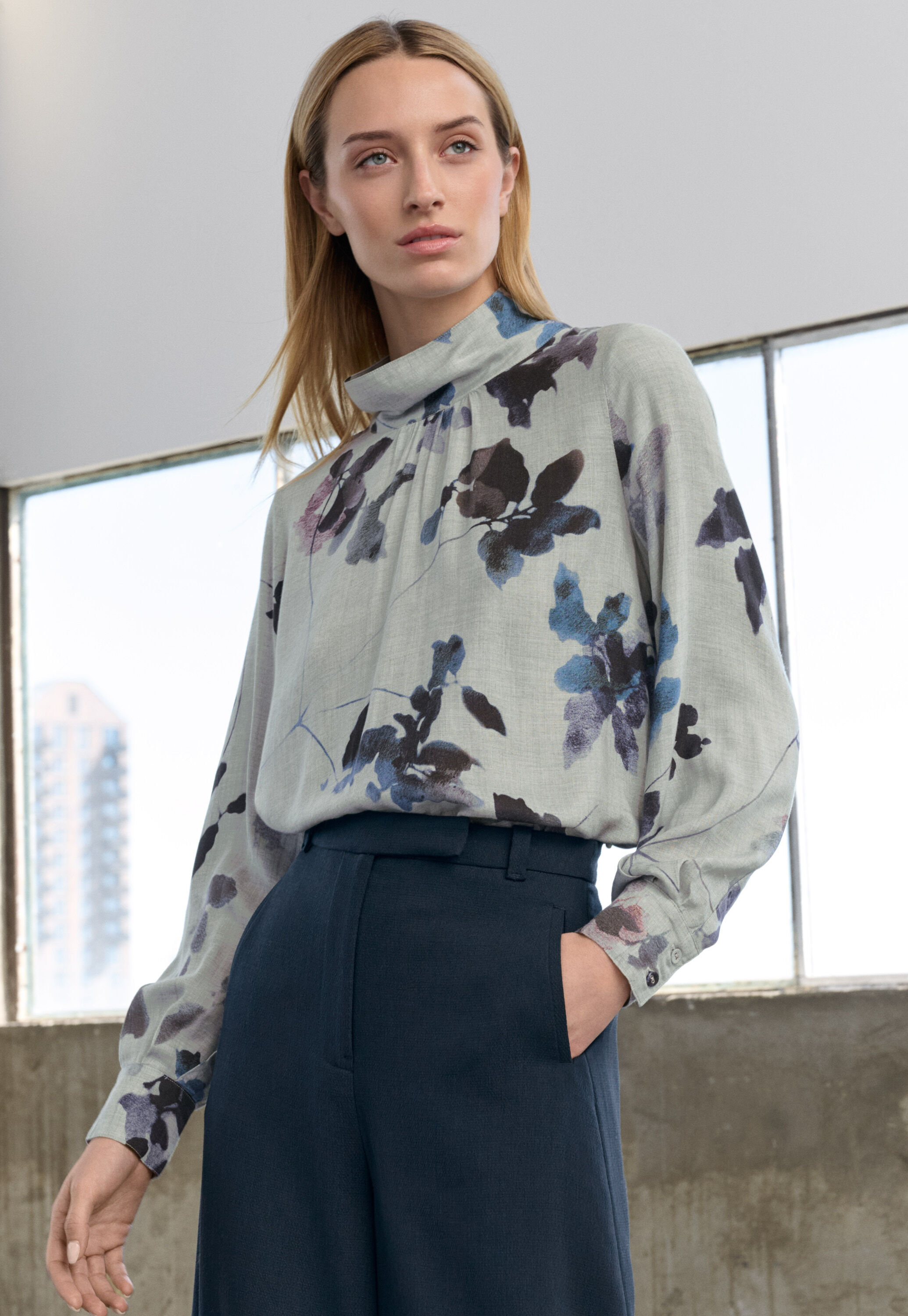 Printed blouse, Blue grey, large