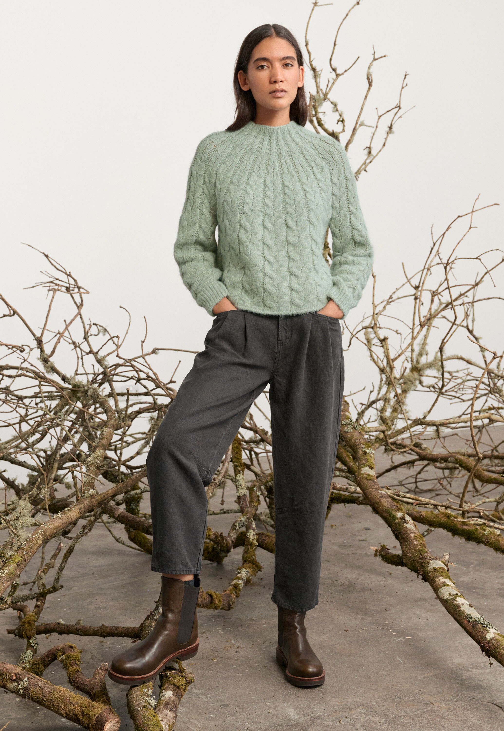 Cable-stitch sweater, Pale thyme, large