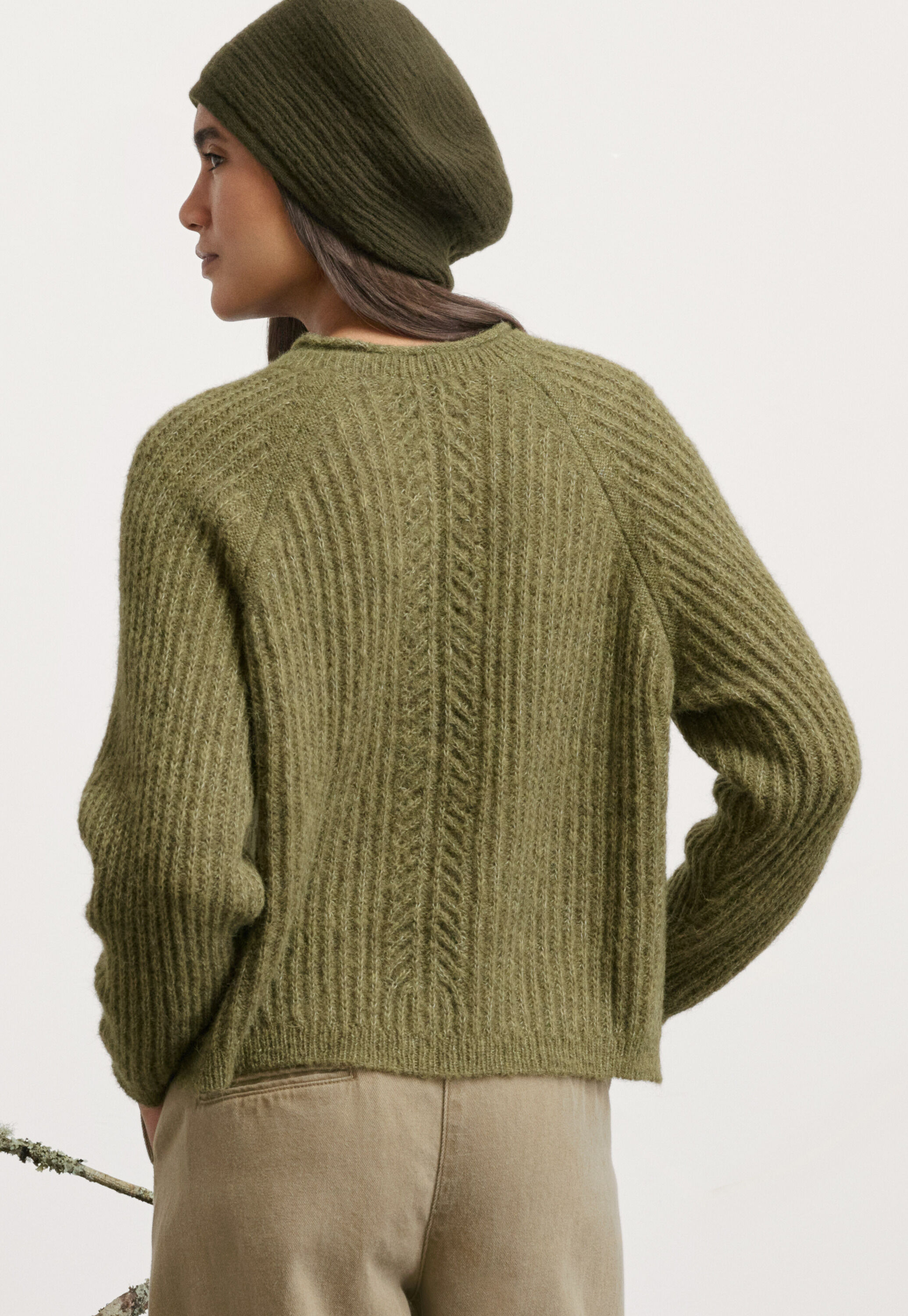Round-neck ribbed sweater, Olive green, large