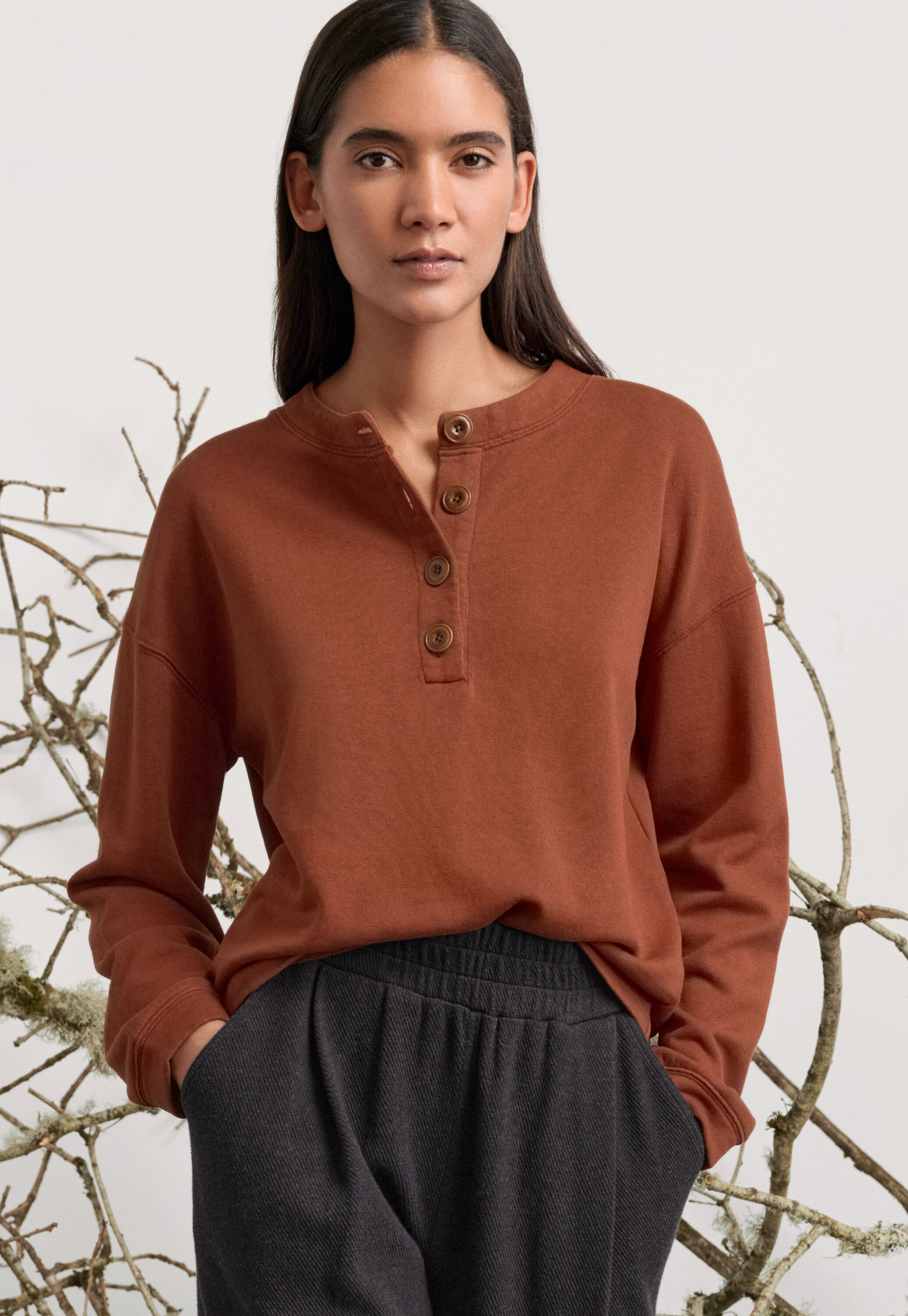 Button placket jersey top, Chilli rust, large